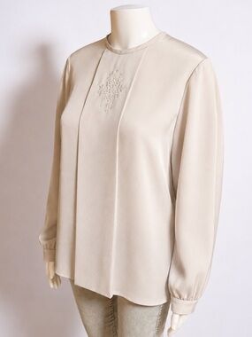 Vintage Koret Size 16 Light Gray Embroidered Long Sleeve Blouse